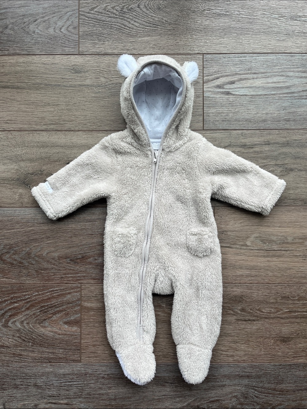 Plush Cream Baby Footed One-Piece with Bear Hood